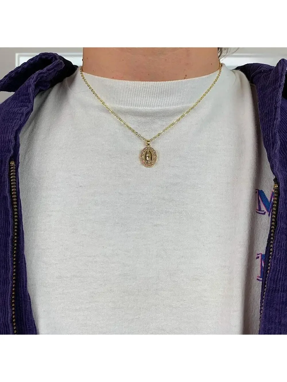 Y2k style gold Saint Marry Pink rhinestone pendant necklace. 19 inches length.